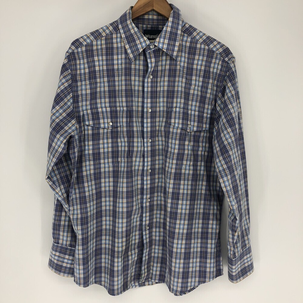 Wrangler Blue Plaid Pearl Snap Button Up Long Sleeve Collared Shirt Size Large